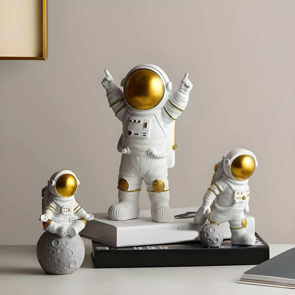 Astronaut Spaceman Statue Ornament Home Office Desktop Figurine Decors Set of 3 - Golden - Vanshglobal